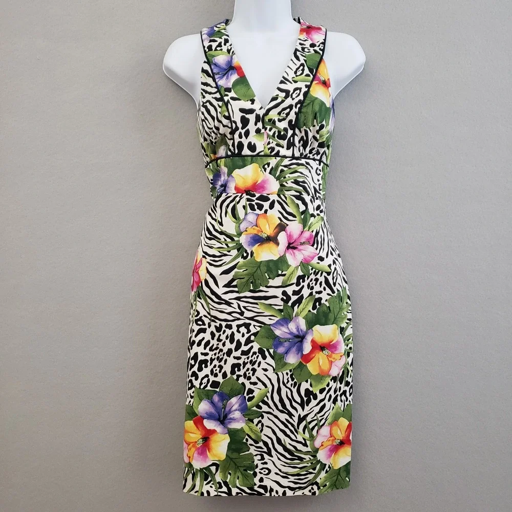 Madison Women Size 4 Tropical Floral Animal Print Sheath Dress V-Neck Cotton Mix - Picture 1 of 15